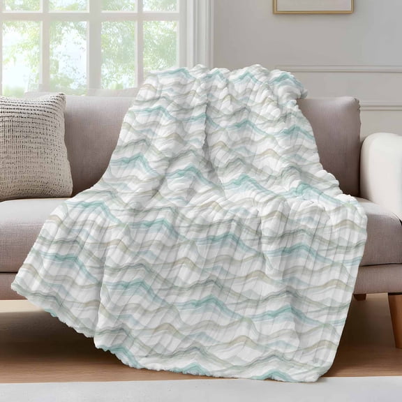 Ocean Waves Throw Blanket for Couch Abstract Watercolor Coastal Green Khaki Ocean Mist Soft and Warm Flannel 3D Striped Fluffy Fuzzy Fleece Blanket Lightweight Throw for Bed, Sofa 30 x 40 Inches
