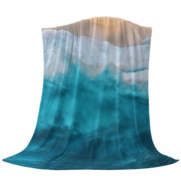 Ocean Waves Throw Flannel Blanket Summer Watercolor Ocean Beach Aqua Gradient Water Ripples Super Soft Cozy Bed Blanket, Lightweight Plush Fuzzy Bed Throw for Bedroom Sofa Couch Living Room 50x60In,