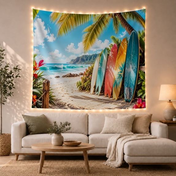 Ocean Waves Tropical with Beach Foreground Right Surfboards, Mystical Fantasy for Space Lovers, Galaxy Room Decor, Mother'S Day Gift, Tapestry Wall Hanging for Bedroom and Dorm
