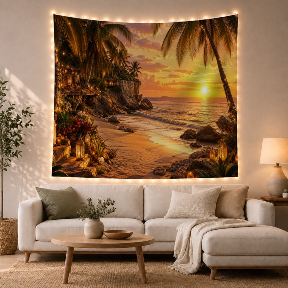 Ocean Waves Tropical with Beach Sunset Main Sandy, Mystical Fantasy for Space Lovers, Galaxy Room Decor, Valentine'S Day Gift, Tapestry Wall Hanging for Bedroom and Dorm