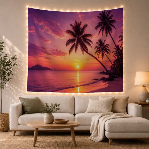 Ocean Waves Tropical with Beach Sunset Tall Palm, Mystical Fantasy for Space Lovers, Galaxy Room Decor, Valentine'S Day Gift, Tapestry Wall Hanging for Bedroom and Dorm