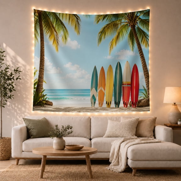 Ocean Waves Tropical with Beach Surfboards Standing Vertically, Mystical Fantasy for Space Lovers, Galaxy Room Decor, Mother'S Day Gift, Tapestry Wall Hanging for Bedroom and Dorm