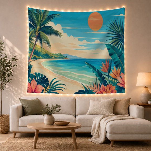 Ocean Waves Tropical with Beach Tall Palm Tree, Mystical Fantasy for Space Lovers, Galaxy Room Decor, Mother'S Day Gift, Tapestry Wall Hanging for Bedroom and Dorm