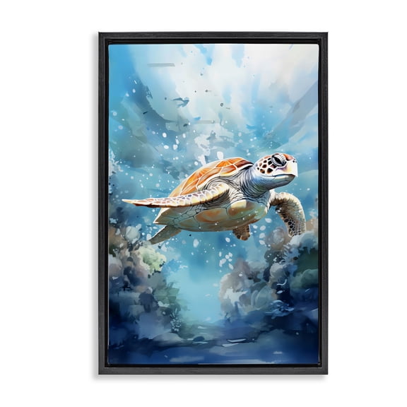 Stupell Industries Ocean Waves Turtle Undersea Black Framed Floater Canvas Wall Art, design by LSR Design Studio, 25 x 17