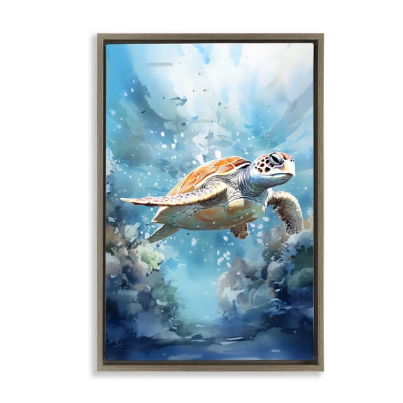 Stupell Industries Ocean Waves Turtle Undersea Brown Framed Floater Canvas Wall Art, design by LSR Design Studio, 31 x 21