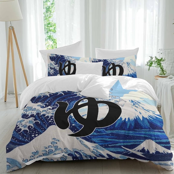 Ocean Waves Twin Size Comforter Set, Japanese Mountain Peaks Waves Letter Sky Bedding for All Seasons, 4 Pcs Bed Set, 1 Quiltcover (68"x86") ,1Sheet(67"x116"), 2Pillowcases (30"x20")