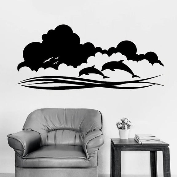 Ocean Waves Wall Decal Sea Animals Dolphins Vinyl Stickers Marine Theme Kids Bedroom Bathroom Nursery Interior Decor Mural 30x66cm