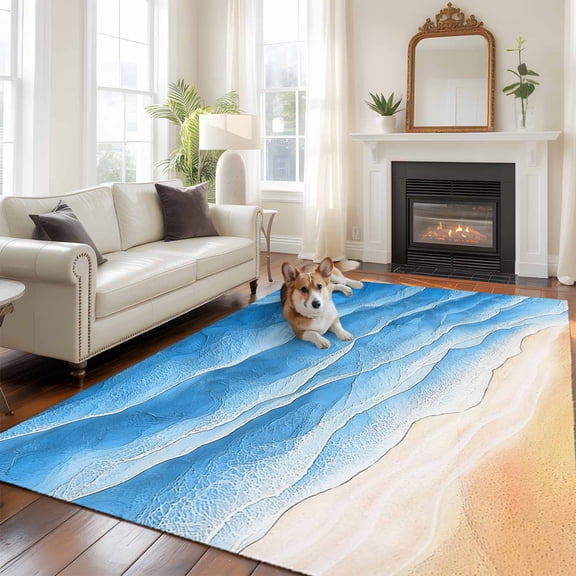 Ocean Waves Washable Area Rug 6x9 Abstract Gradient Orange Blue Waves Beach Low-Profile Large Area Rugs with Non Slip Backing Indoor Floor Carpet for Entrance Living Room Bedroom Home Office