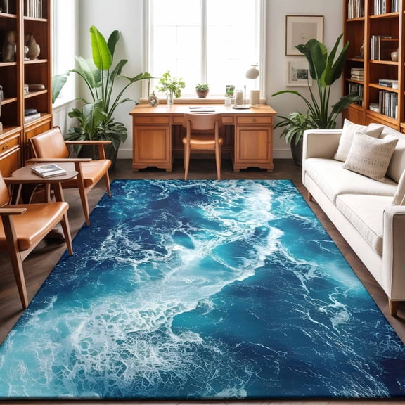 Ocean Waves Washable Area Rug 9 x 12 ft Modern Nautical Dark Blue Ocean Waves, Soft Non Slip Rugs Stain Repellent Indoor Felt Carpet for Living Dining Room Bedroom Home Office