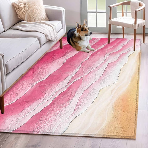 Ocean Waves Washable Area Rugs 3'x5', Abstract Gradient Orange Pink Waves Beach Low Pile Throw Living Room Rug Non-Slip Sturdy Edge Binding Carpet for Indoor Entryway Bedside Kitchen