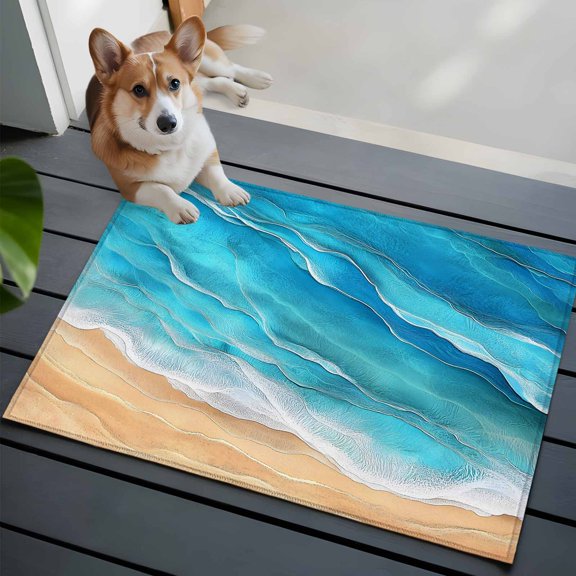 Ocean Waves Washable Entry Rug 2x3 Abstract Gradient Yellow Teal Waves Beach Low Pile Indoor Door Mat with Rubber Backing Thin Area Rug for for Entrance, Bedroom, Kitchen, Laundry, Bathroom