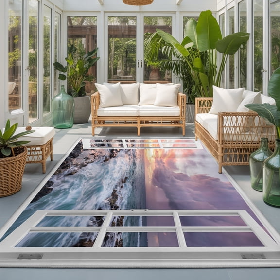 Ocean Waves Washable Living Room Rugs 9'x12', Open Window Dramatic Lavender Sunset Clouds Rocks Washable Throw Large Area Rug Non-Slip Sturdy Edge Binding Carpet for Bedroom Dining Room Office