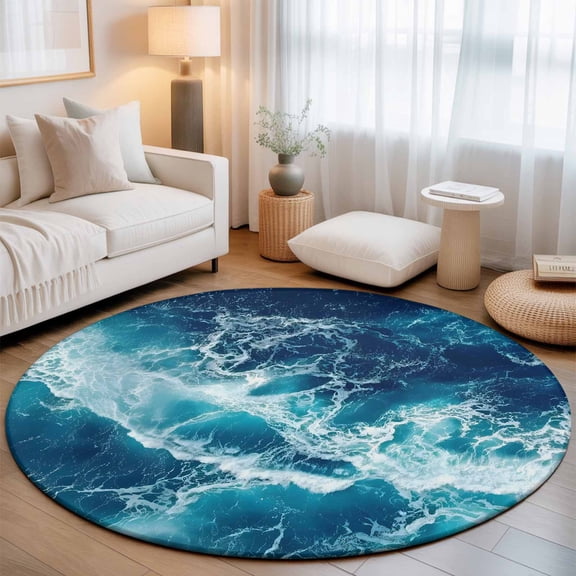 Ocean Waves Washable Round Area Rug 3 ft, Modern Nautical Dark Blue Ocean Waves, Soft Non Slip Rugs Stain Repellent Indoor Felt Carpet for Living Dining Room Bedroom Home Office