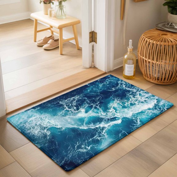 Ocean Waves Washable Small Entryway Area Rugs 2'x3', Modern Nautical Dark Blue Ocean Waves Washable Throw Rug Non-Slip Sturdy Edge Binding Carpet for Front Door Floor Room Entry