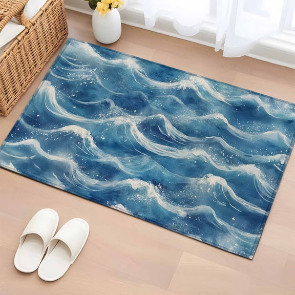 Ocean Waves Washable Small Entryway Area Rugs 2'x3', Nautical Blue Sea Water Nature Retro Low Pile Throw Rug Non-Slip Sturdy Edge Binding Carpet for Front Door Floor Room Entry