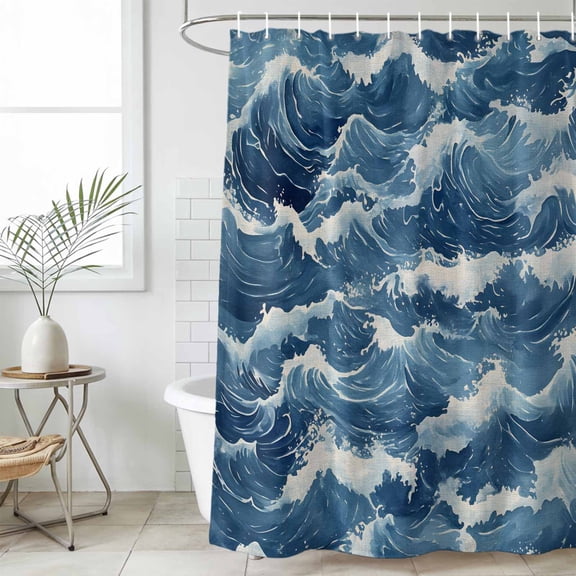 Ocean Waves Waterproof Fabric Shower Curtain,Summer Beach Coastal Nautical Burlap Waterproof Fabric Shower Curtain for Bathroom Curtains Bathtubs Hotel Shower Curtains with 12 Hooks Small 36x78in