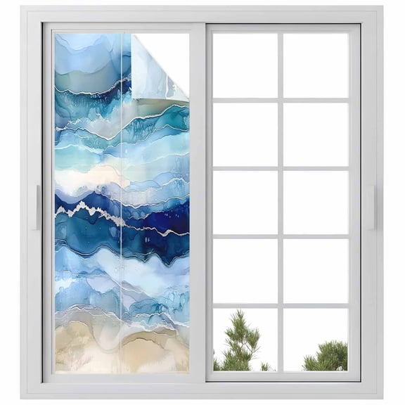 Ocean Waves Window Privacy Film, Abstract Gradient Blue White Marble Waves Frosted Glass Window Clings Static Cling UV Heat Blocking Reusable Door Sticker for Bathroom 29.5 x 78.7 Inch