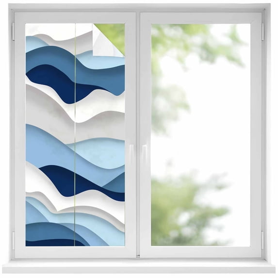 Ocean Waves Window Privacy Film Blue White Wave Blue Gradient Decorative Glass Window Film UV Blocking Static Cling Non-Adhesive Sticker Covering for Home Door 19.6 x 39.3 inches