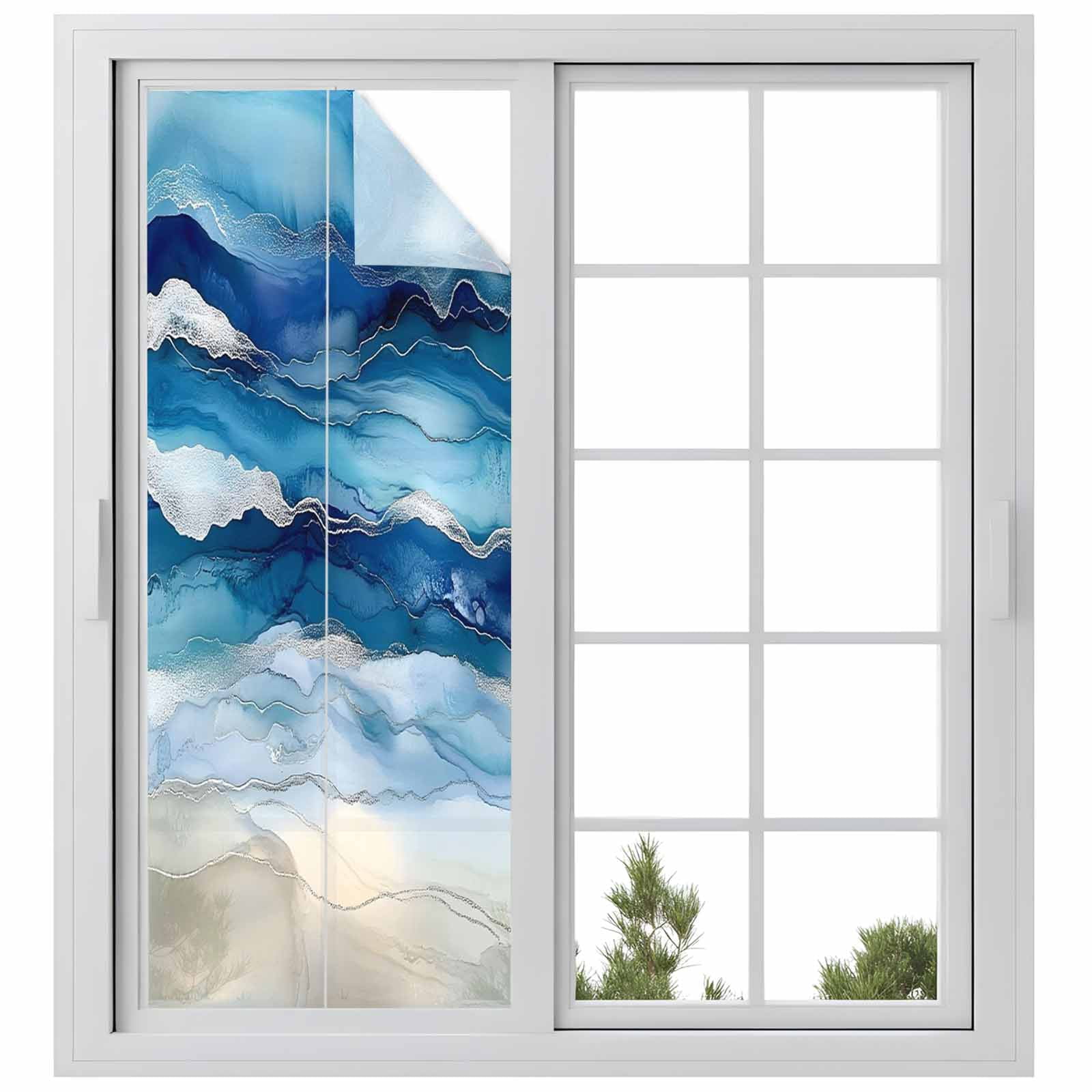 Ocean Waves Window Privacy Film, Gradient Blue White Marble Waves Frosted Glass Window Clings Static Cling UV Heat Blocking Reusable Door Sticker for Bathroom 23.6 x 59 Inch