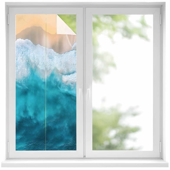 Ocean Waves Window Privacy Film, Summer Watercolor Ocean Beach Aqua Gradient Water Ripples Frosted Glass Window Clings Static Cling UV Heat Blocking Reusable Sticker for Bathroom 17.7 x 39.3 Inch
