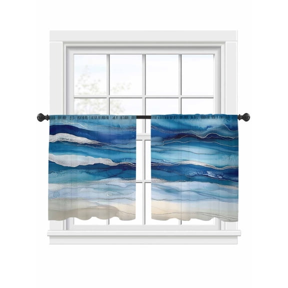 Ocean Waves Window Sheer Curtain Gradient Blue White Marble Waves Semi Curtain Sheers Light Filtering Rod Pocket Voile Drapes for Bedroom Kitchen Living Room 52 X 45 Inch, 2 Panels