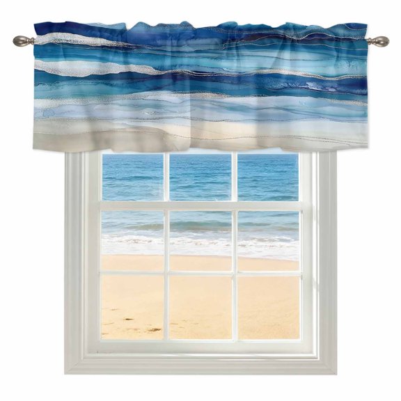 Ocean Waves Window Valance for Kitchen, Gradient Blue White Marble Waves Rod Pocket Short Curtain for Small Windows, Light Filtering Decorative Valance, 42 x 12 Inch