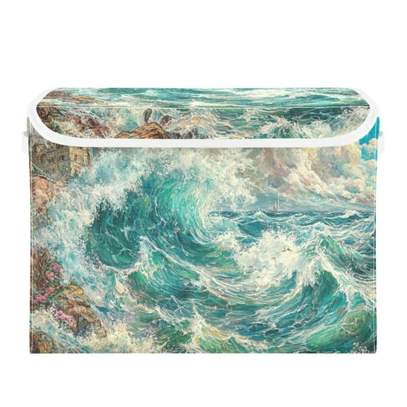 Ocean Waves and Clouds Large Storage Bins with Linen Collapsible Lid Storage Box 16.7 x 12.6 x 11.8in