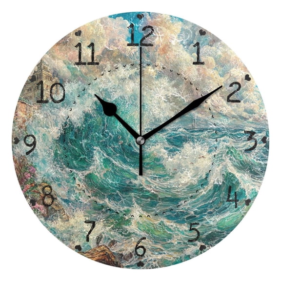 Ocean Waves and Clouds Round Wall Clock Silent Battery Operated Home Decor for Living Room Bedroom