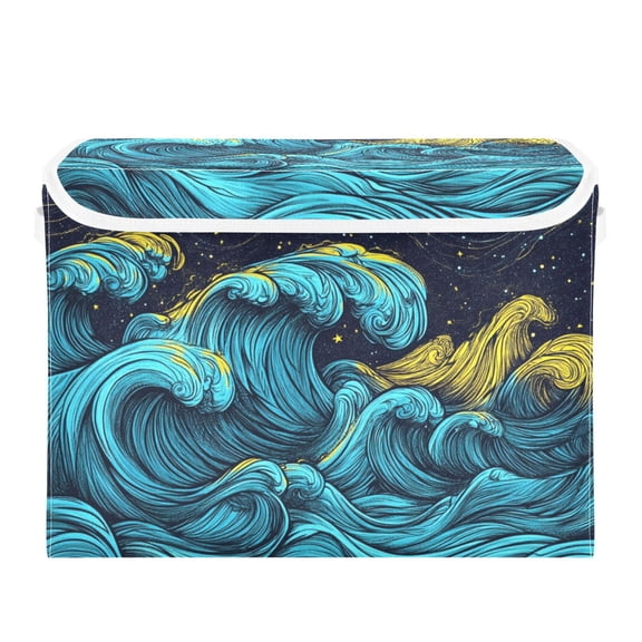Ocean Waves and Moonlight Large Storage Bins with Linen Collapsible Lid Storage Box 16.7 x 12.6 x 11.8in