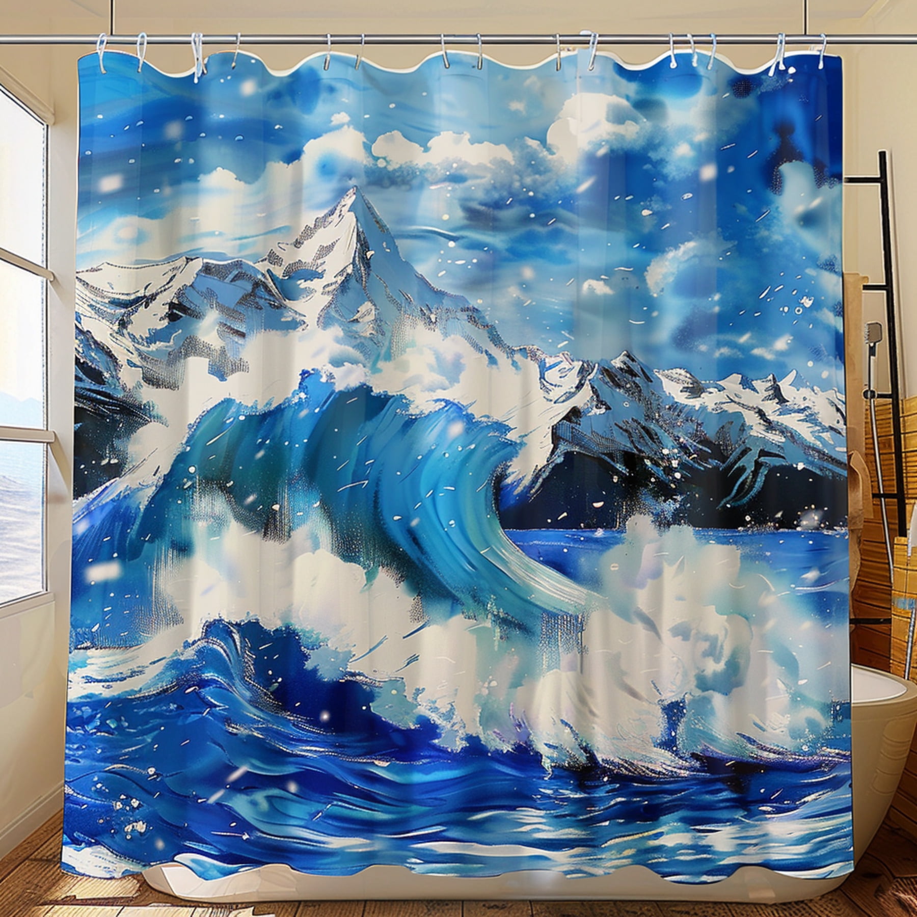 Ocean Waves and Snowy Mountains Shower Curtain Blue and White Heavy Oil