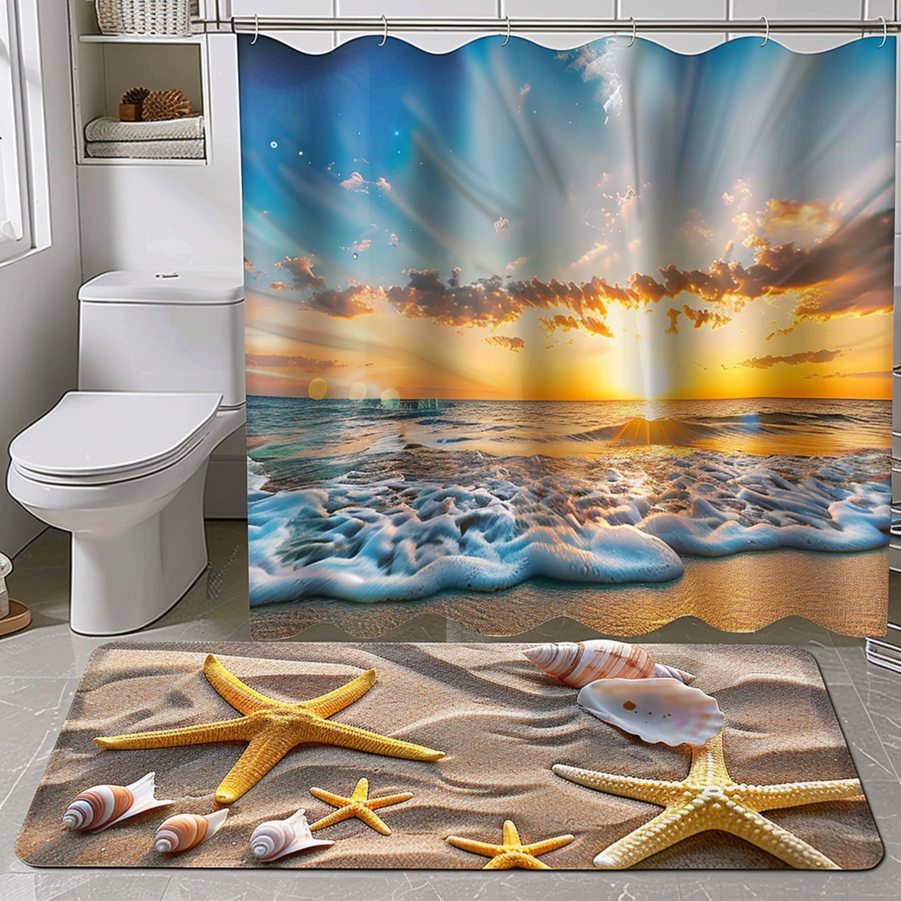 Ocean Waves and Starfish Beach Theme Bathroom Set with Sunset Sky ...