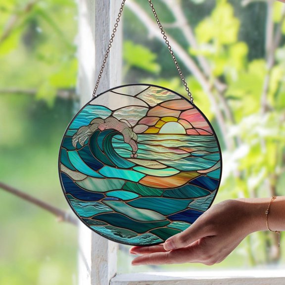 Ocean Waves at Sunrise Glass Suncatcher, Coastal Seascape Decor, 3.5 in