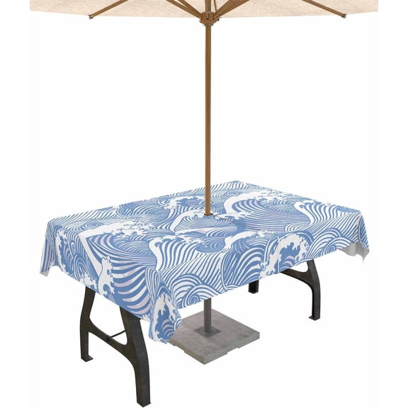 Ocean Wavy Lines Outdoor Tablecloth with Umbrella Hole and Zipper, Spillproof Table Cloth for Rectangle Tables, Dinner/Picnic/Patio/Party Table Cover Abstract Modern Art