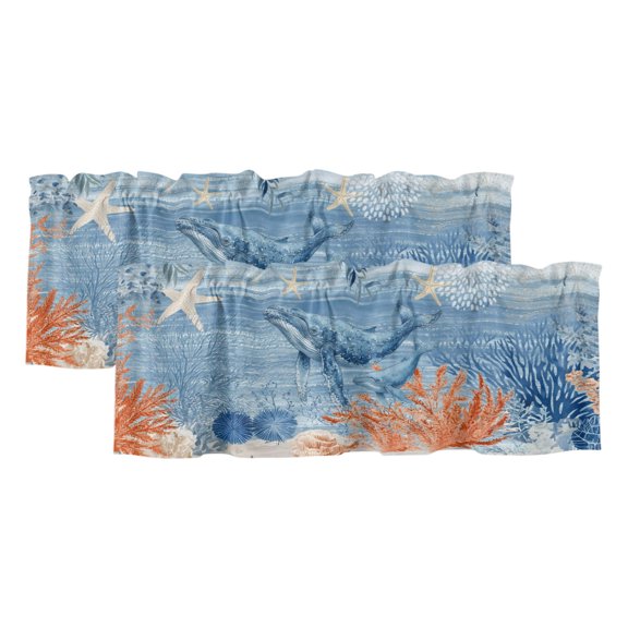 Ocean Whale 2 Panels Kitchen Valance, Orange Blue Theme Summer Sea Animal Corals Starfish Curtains Valances for Small Windows Rod Pocket Window Treatments for Living Room Bedroom 60"W x 18"L