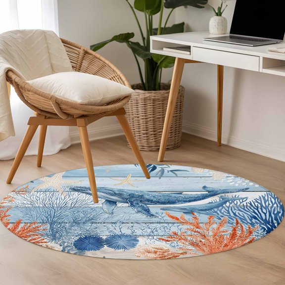 Ocean Whale 3.3ft Round Rug for Bedroom Reading Corner, Orange Blue Summer Sea Animal Corals Blue Wooden Washable Non Slip Circle Area Rug