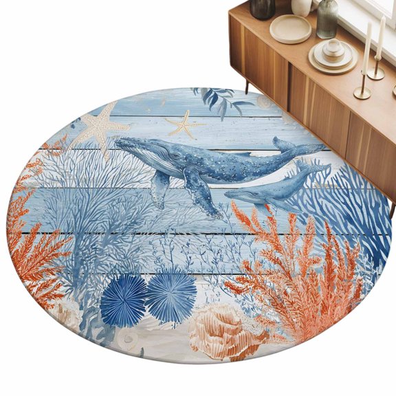 Ocean Whale 3ft Non Slip Round Area Rug Orange Blue Summer Sea Animal Corals Blue Wooden Washable Soft Area Rugs for Living Room, Indoor Circle Carpet for Bedroom Dining Room Kitchen