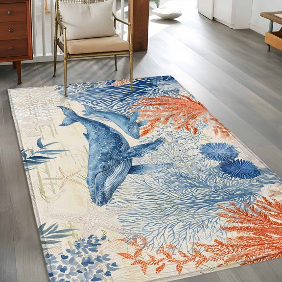 Ocean Whale 3x5 Rug for Bedroom Foot of Bed Small Living Room, Orange Blue Summer Sea Animal Corals Starfish Retro Washable Non Slip Rectangle Area Rug