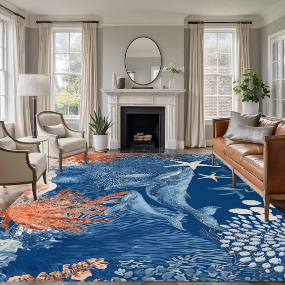 Ocean Whale 5x7 Rug for Living Room Sofa and Coffee Table Layout, Orange Blue Summer Sea Animal Corals Teal Wooden Washable Non Slip Rectangle Area Rug