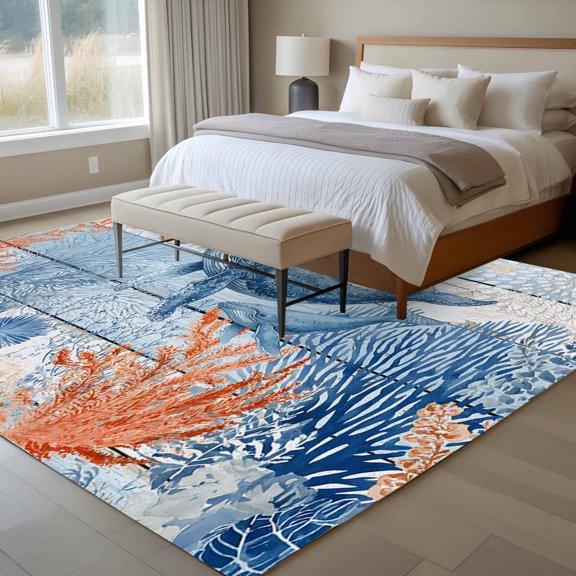 Ocean Whale 6x9 Rug for Dining Room Table and Chair Setup, Orange Blue Summer Sea Animal Corals Blue Wooden Low Pile Washable Non Slip Rectangle Area Rug