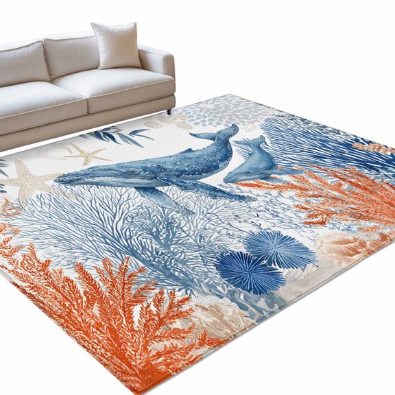 Ocean Whale 8x10ft Non Slip Area Rug Summer Orange Blue Sea Animal Corals Starfish Washable Soft Area Rugs for Living Room, Indoor Circle Carpet for Bedroom Dining Room Kitchen