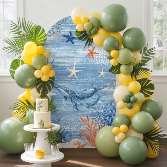 Ocean Whale Arch Backdrop Cover, 4FT, Orange Blue Theme Summer Sea Animal Corals Starfish Spandex Arch Covers Double-Sided Backdrop for Wedding Birthday Party Photo Background Decoration