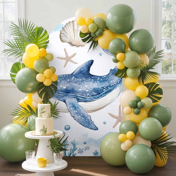 Ocean Whale Arch Backdrop Cover, 6.6FT, Starfish Shell Seaweed Watercolor Spandex Arch Covers Double-Sided Backdrop for Wedding Birthday Party Photo Background Decoration