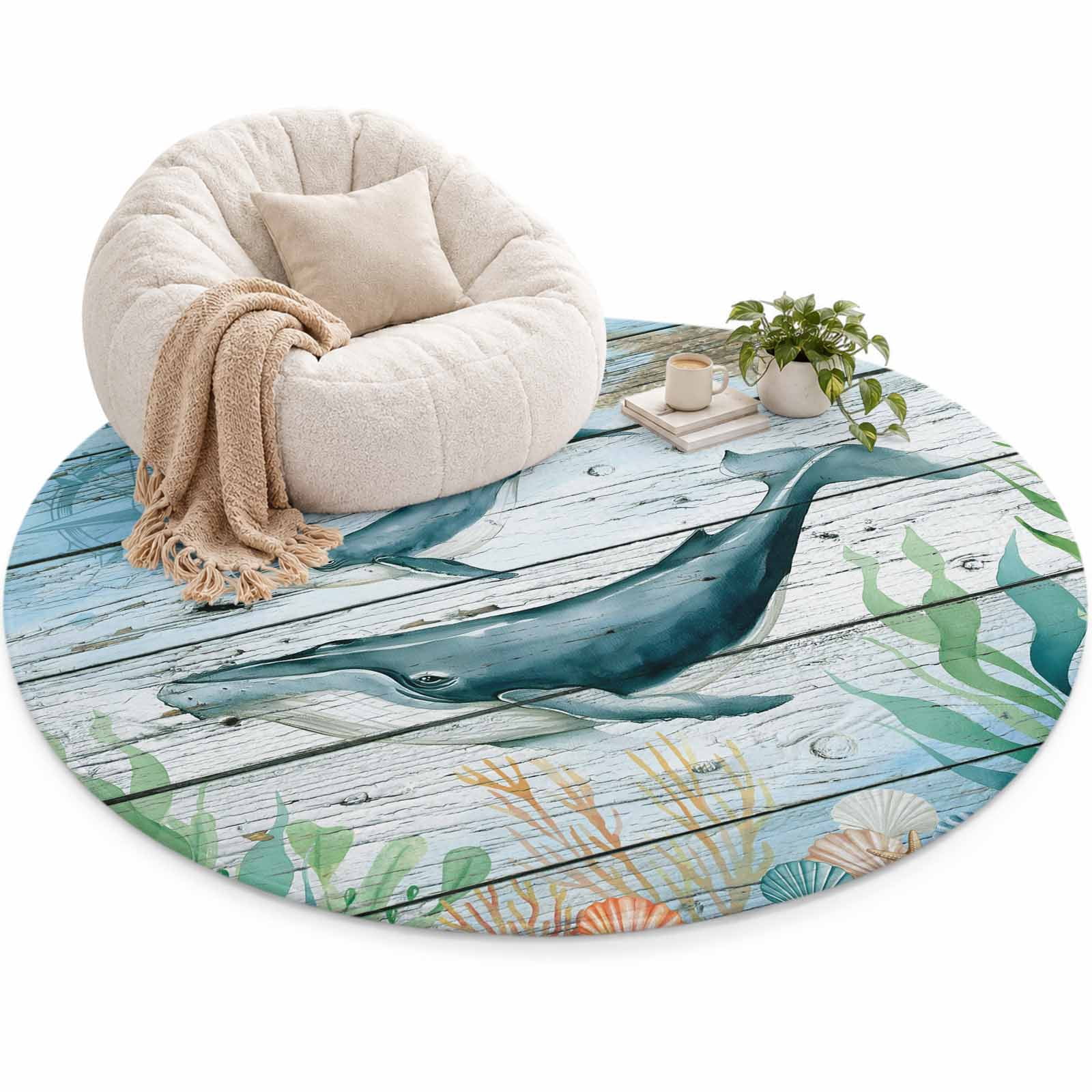 Ocean Whale Area Rug 3', Coral Starfish Vintage Wood Texture Soft Mat ...