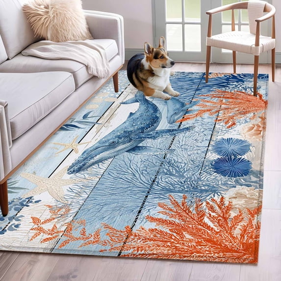 Ocean Whale Area Rugs 4x6 ft Orange Blue Summer Sea Animal Corals Blue Wooden Washable Rug Non Slip Indoor Carpet Absorbent Floor Mat for Living Room Bedroom Dining Room