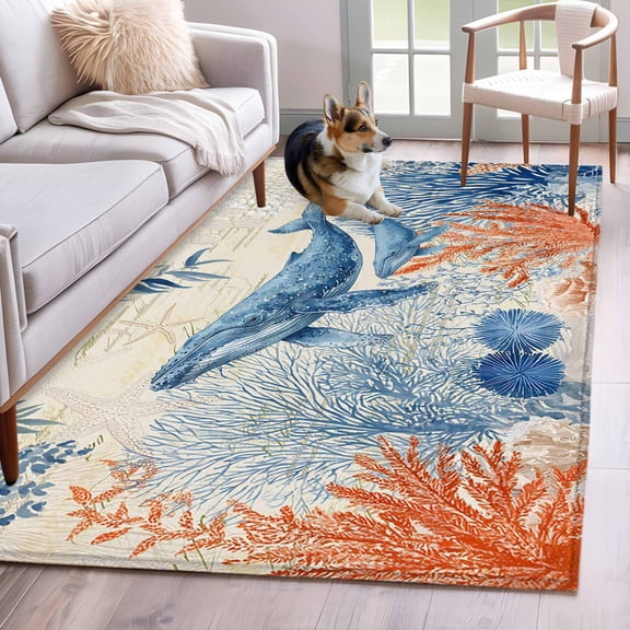 Ocean Whale Area Rugs 4x6 ft Orange Blue Summer Sea Animal Corals Starfish Retro Washable Rug Non Slip Indoor Carpet Absorbent Floor Mat for Living Room Bedroom Dining Room