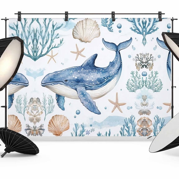 Ocean Whale Backdrop for Photography, Starfish Shell Seaweed Watercolor Photo Backdrop Portrait Background Party Banner Photo Backgrounds for Studio Booth Props, 7x5ft