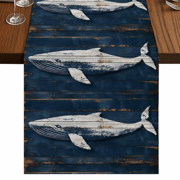Ocean Whale Blue 36 Inch Table Runner, Coastal Vintage Wood Grain Farmhouse Dresser Scarf Cotton & Linen Tablerunner for Dining/Kitchen Island/Holiday Party Décor Small 13" x 36"