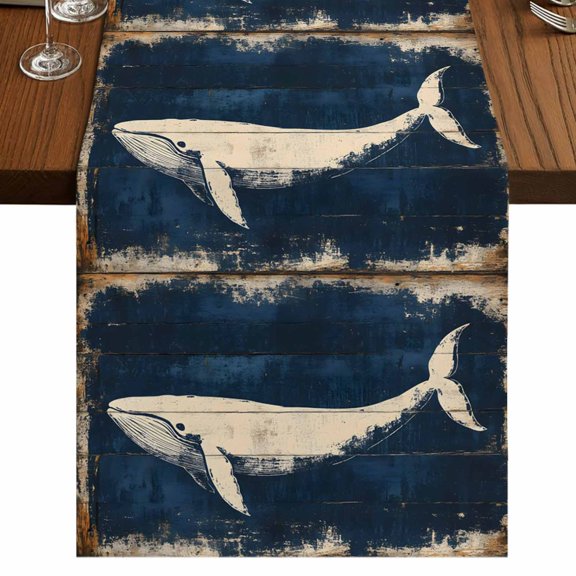 Ocean Whale Blue 36 Inch Table Runner, Summer Coastal Vintage Wood Grain Farmhouse Dresser Scarf Cotton & Linen Tablerunner for Dining/Kitchen Island/Holiday Party Décor Small 13" x 36"