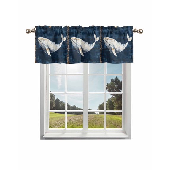 Ocean Whale Blue Curtain Valance for Windows/Living Room/Kitchen/Bathroom/Café, Short Rod Pocket Tier Curtain Window Treatment Panel Coastal Vintage Wooden Grain Topper Curtain 42''x12''