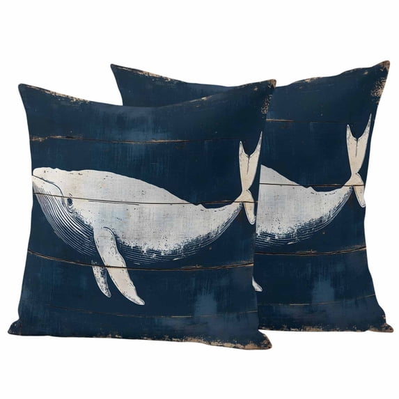 Ocean Whale Blue Outdoor Waterproof Pillow Covers, Watercolor Coastal Vintage Wood Grain Decorative Square Throw Pillowcase Sofa Cushion Sham for Patio/Couch/Chair, 24"x24" 2 Pack
